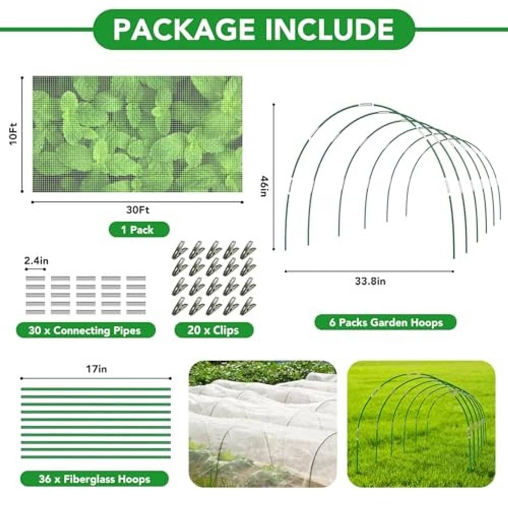 Garden netting kit package include diagram with mesh roll, hoops, pipes, and clips.