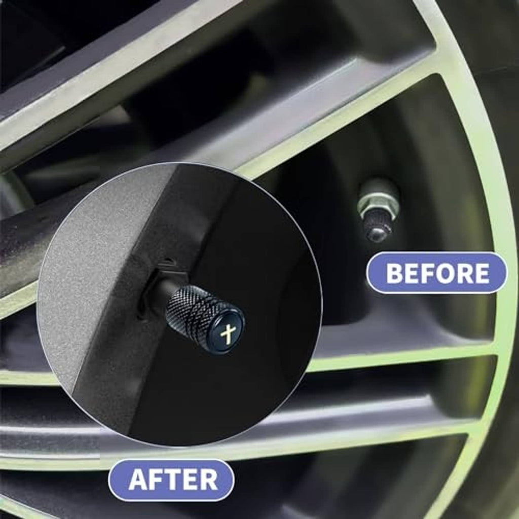 Black textured tire valve stem cap installed on a car wheel valve