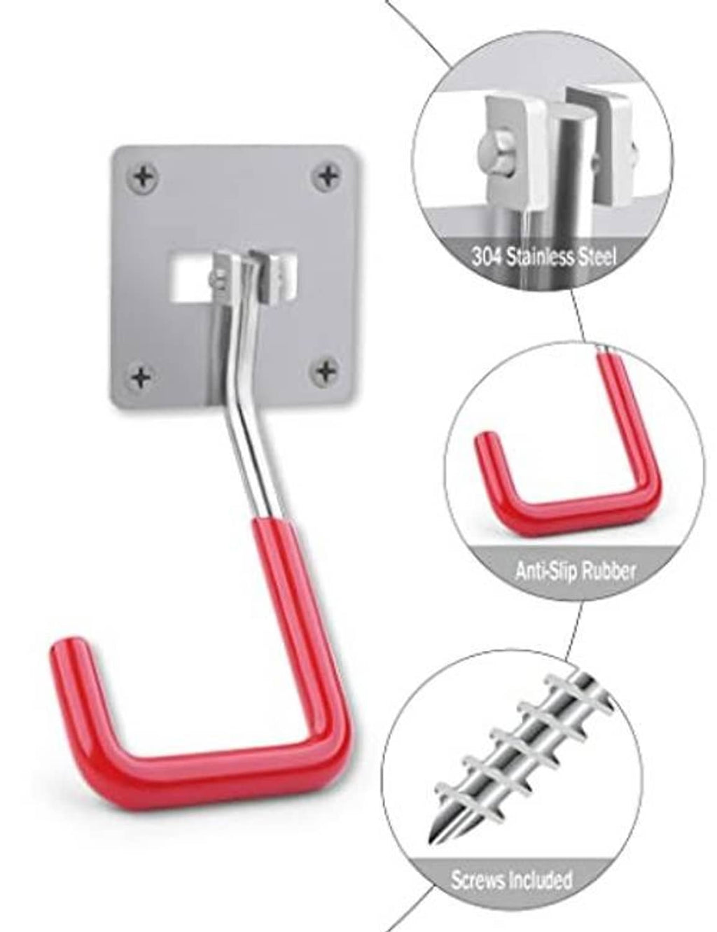 304 stainless steel wall hook with red anti-slip rubber U grip; screws included