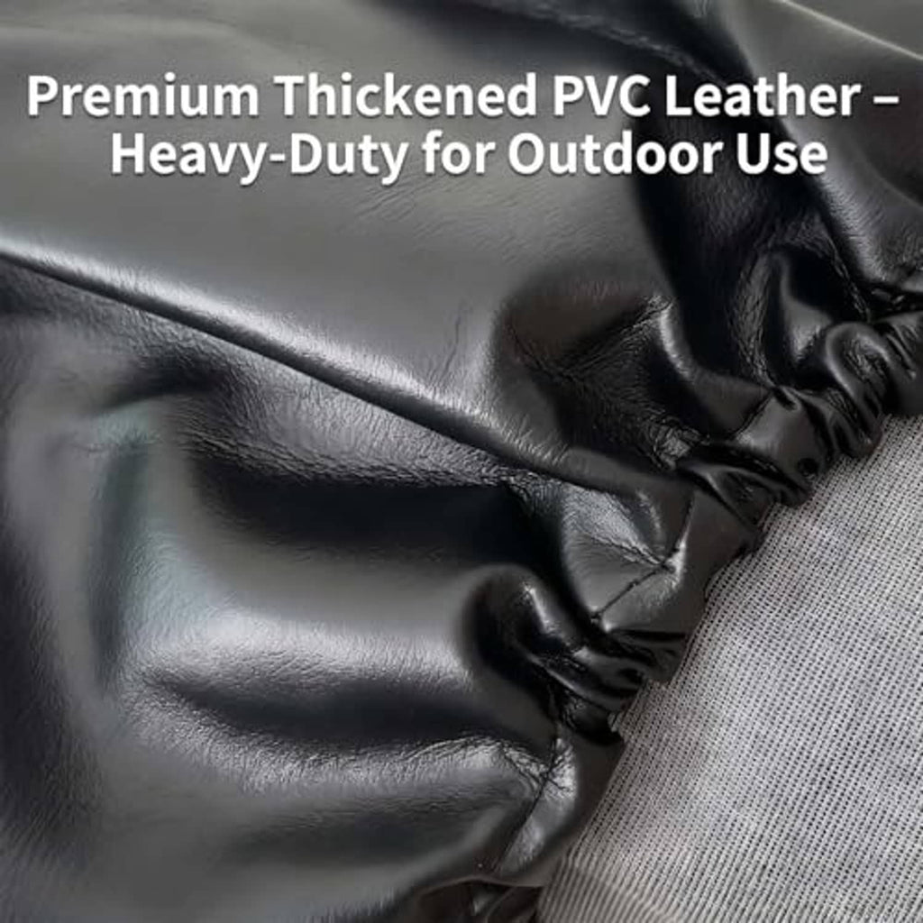 Close-up of black thicken PVC leather spare tire cover material with wrinkles.