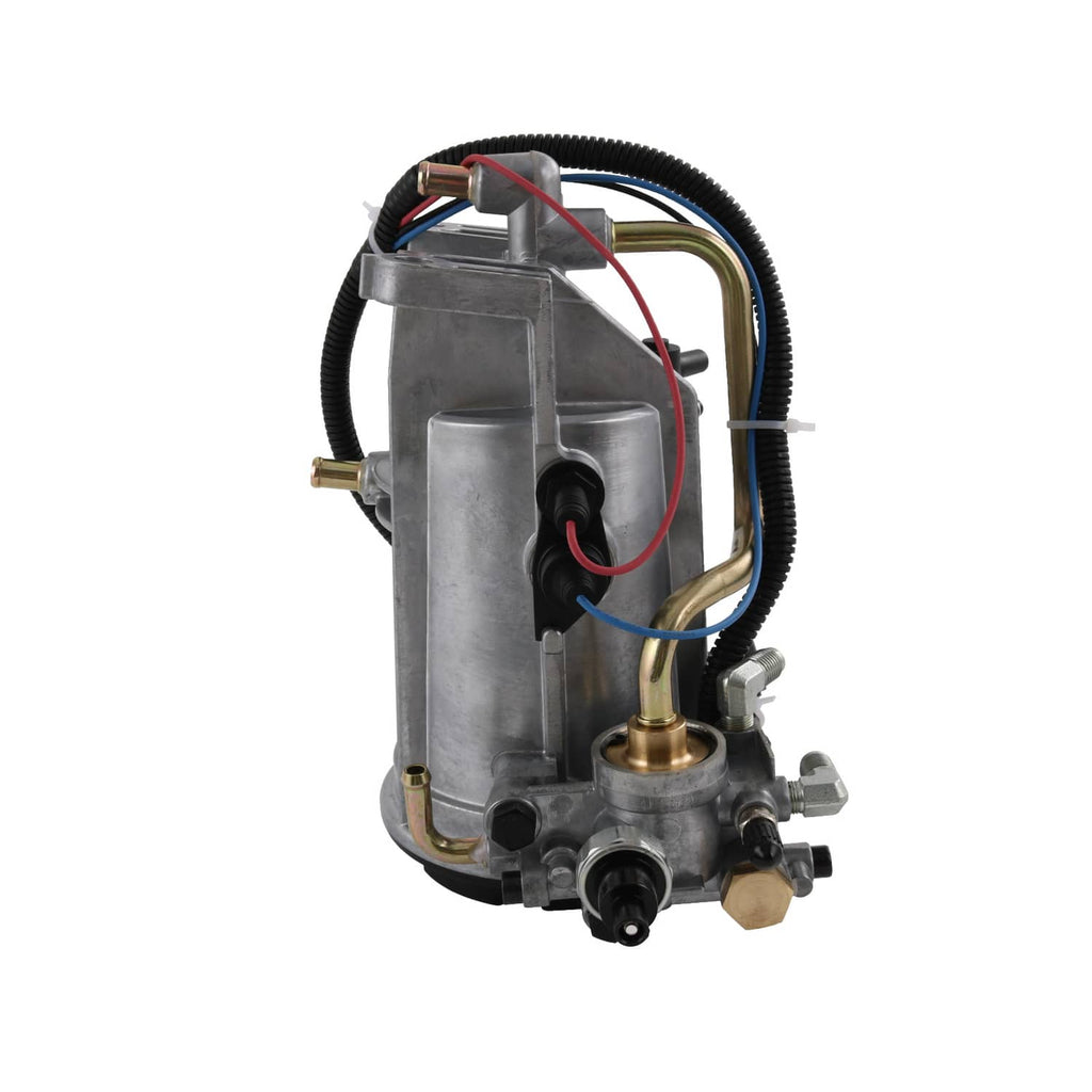 Fuel filter housing assembly with tall metal body, brass fittings, and color-coded wires