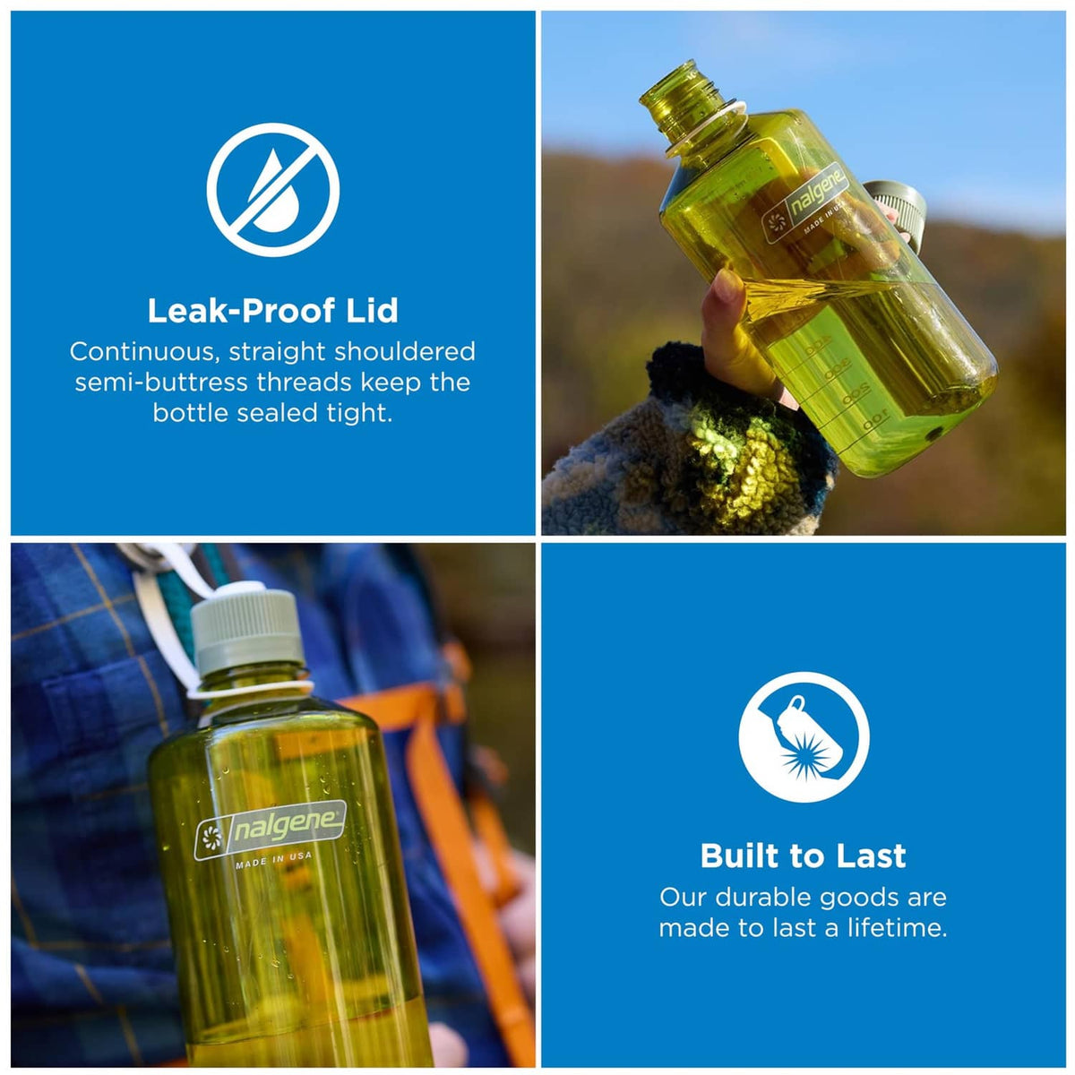 Oil green Nalgene narrow-mouth water bottle with cap and loop carry handle, angled
