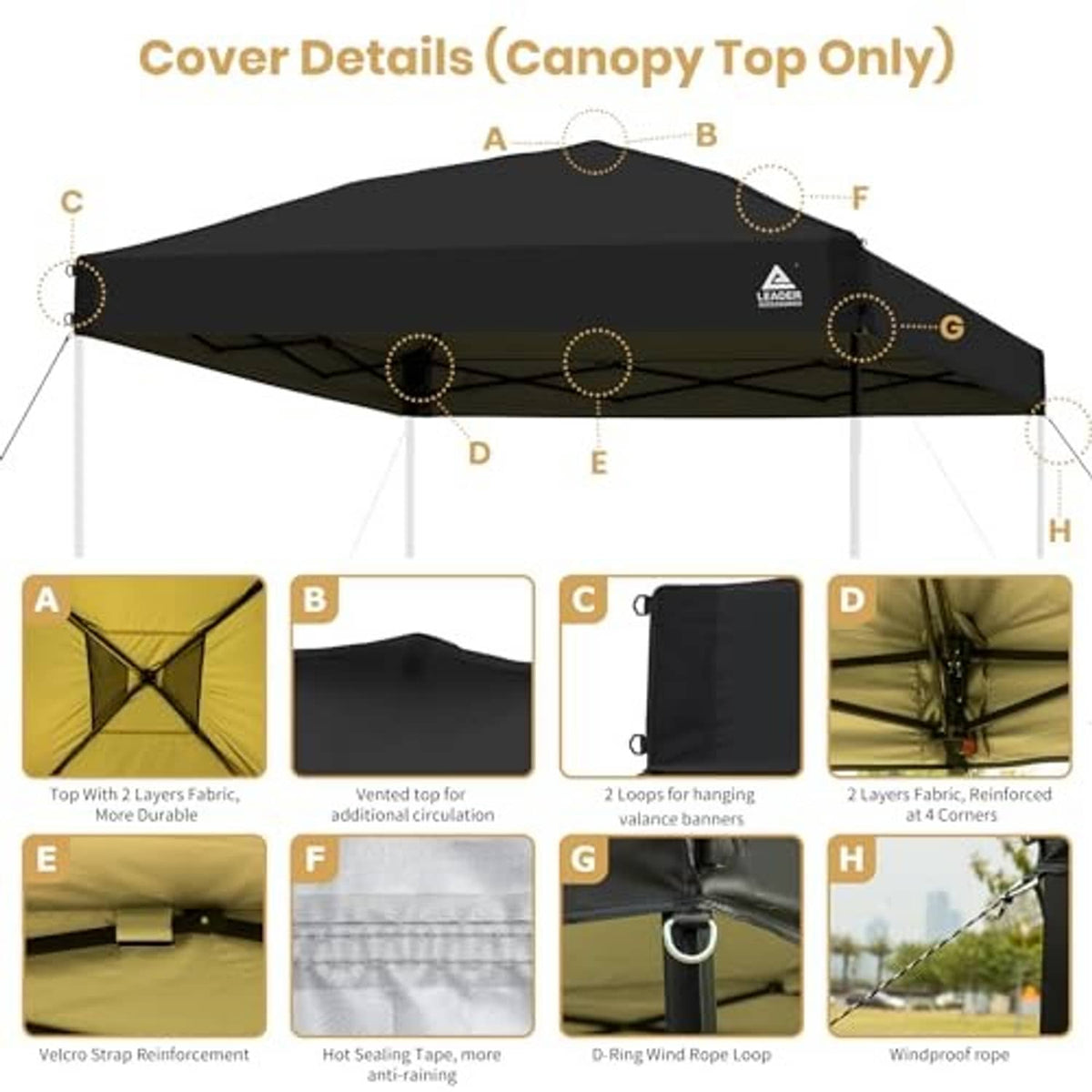 Canopy top cover with reinforced panels, hanging loops, and rope-grommet points