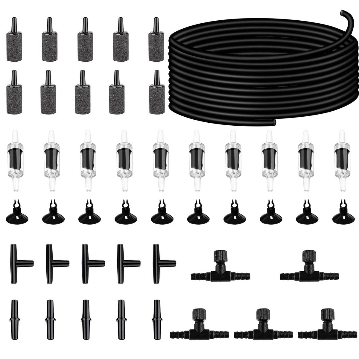 Aquarium airline hose tubing kit with coiled black hose and assorted air accessories