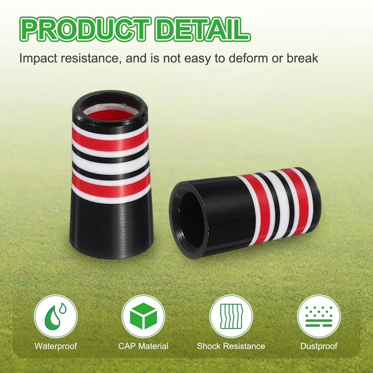 Black golf ferrules with red and white striped bands, tapered openings