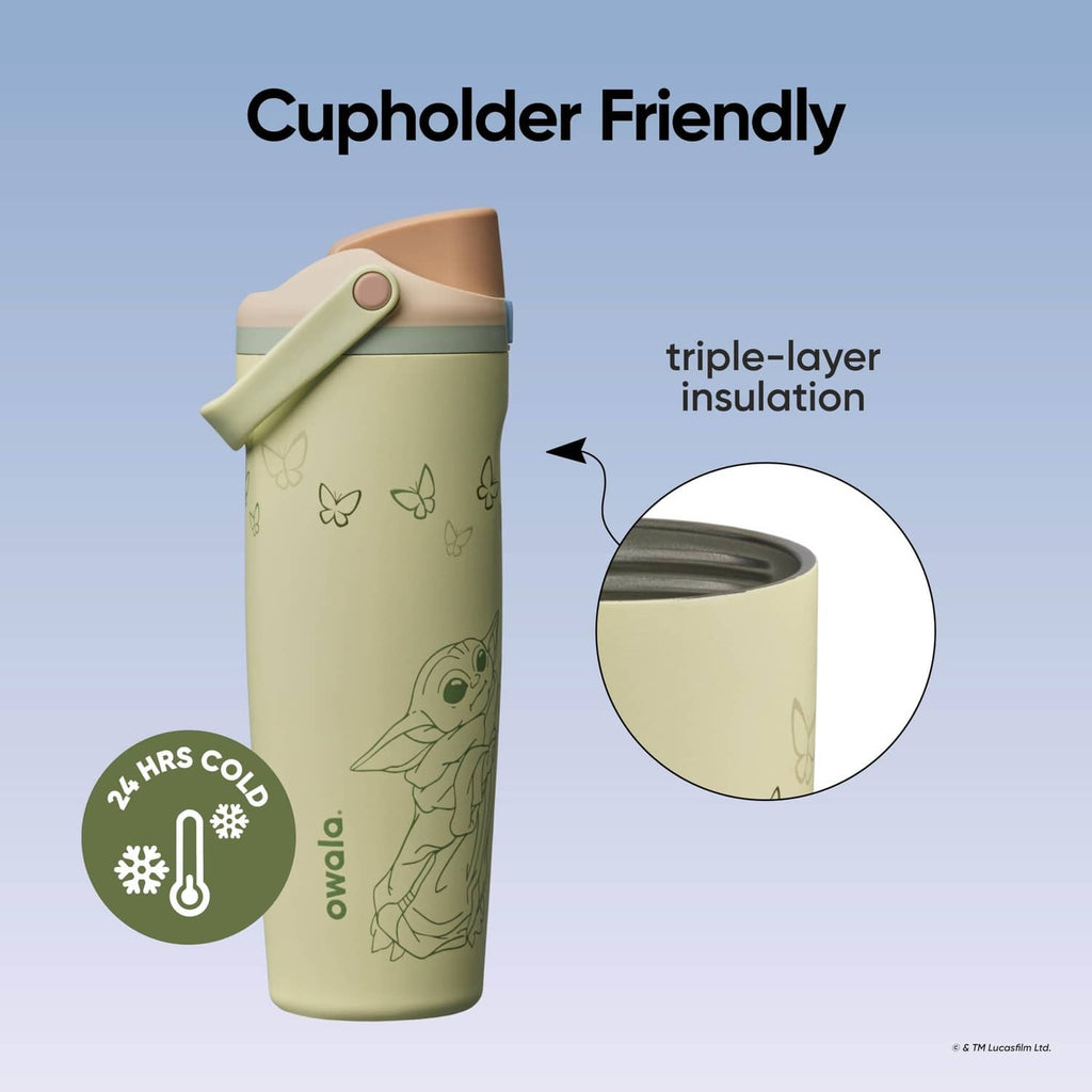 Owala 30 oz insulated water bottle, cupholder-friendly shape, green GroGu print
