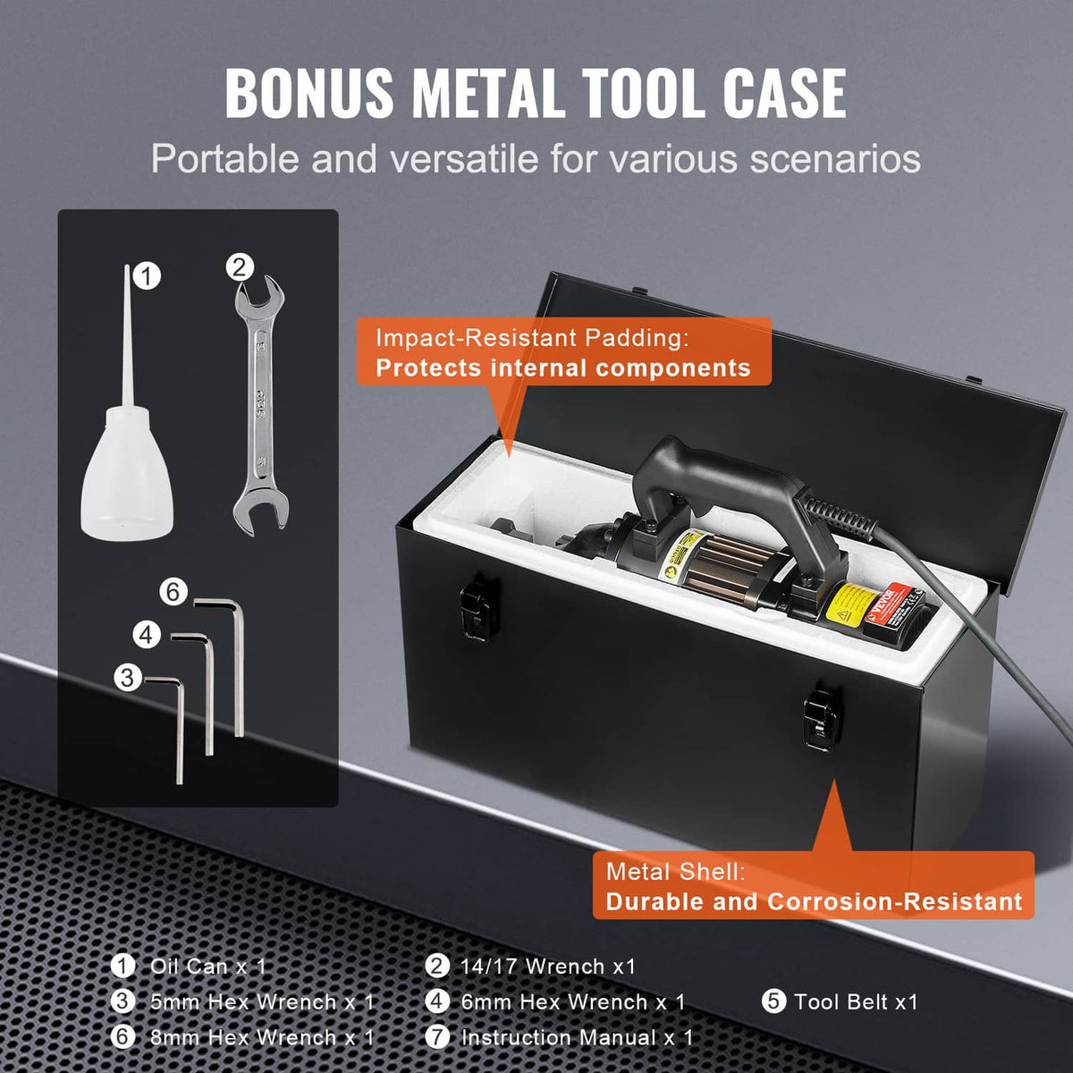 Hydraulic electric rebar cutter inside a metal tool case with padding