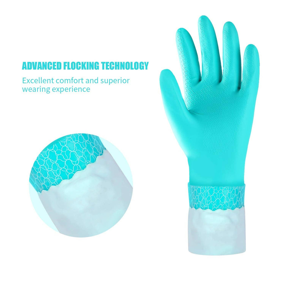 Long-sleeve dishwashing glove in teal with textured grip and white mesh cuff
