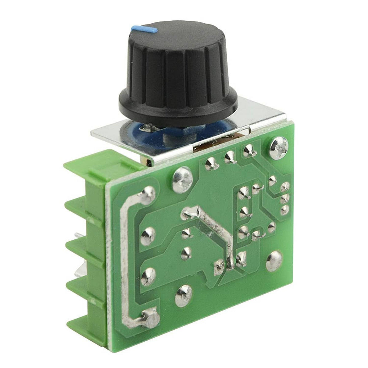 SCR voltage regulator module back view, green PCB, black adjustment knob, mounting holes