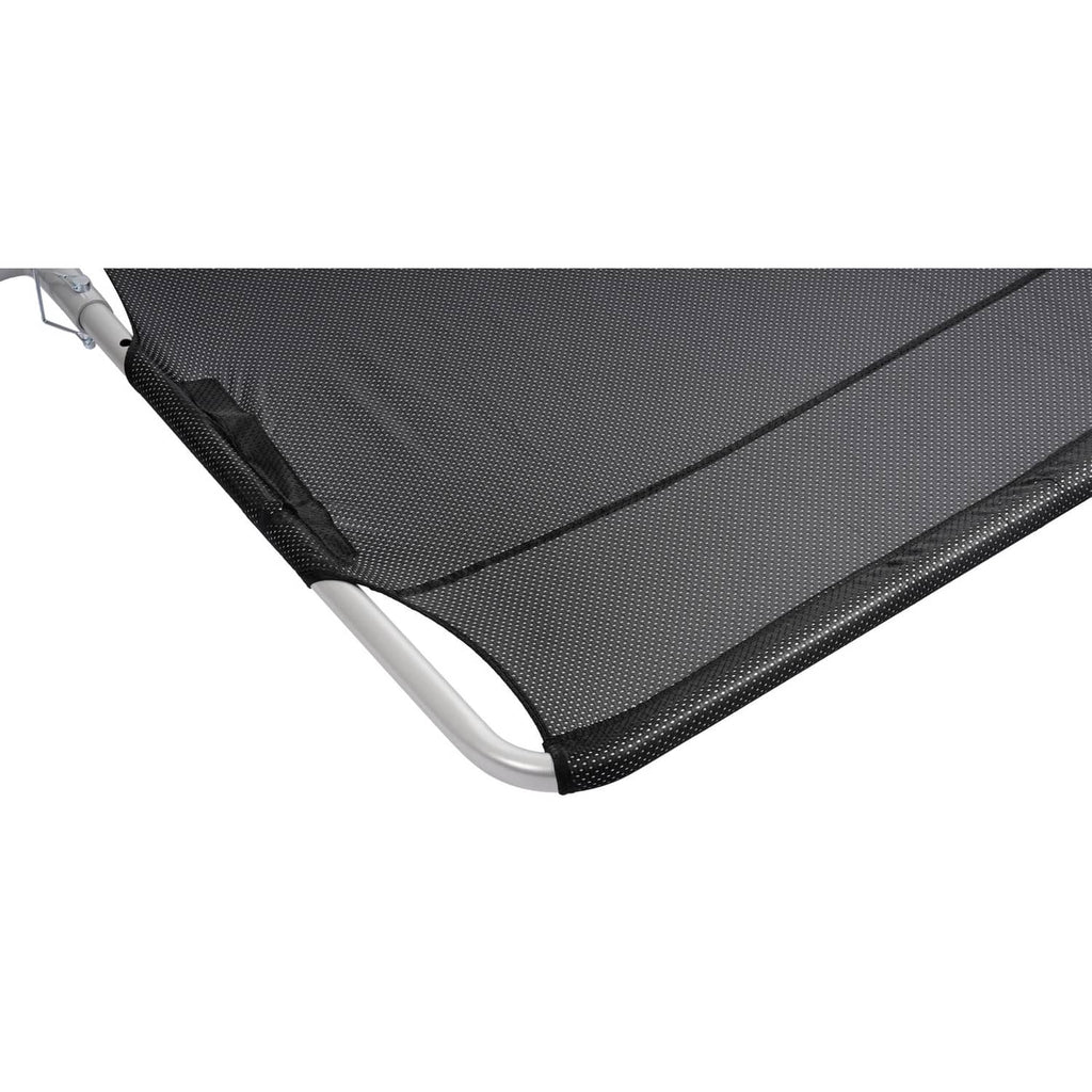 Boat sun shade corner with dark mesh cover and rounded silver support tube