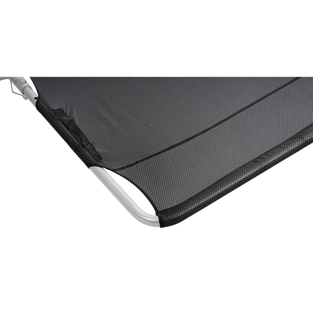 Boat sun shade corner with dark mesh cover and rounded silver support tube