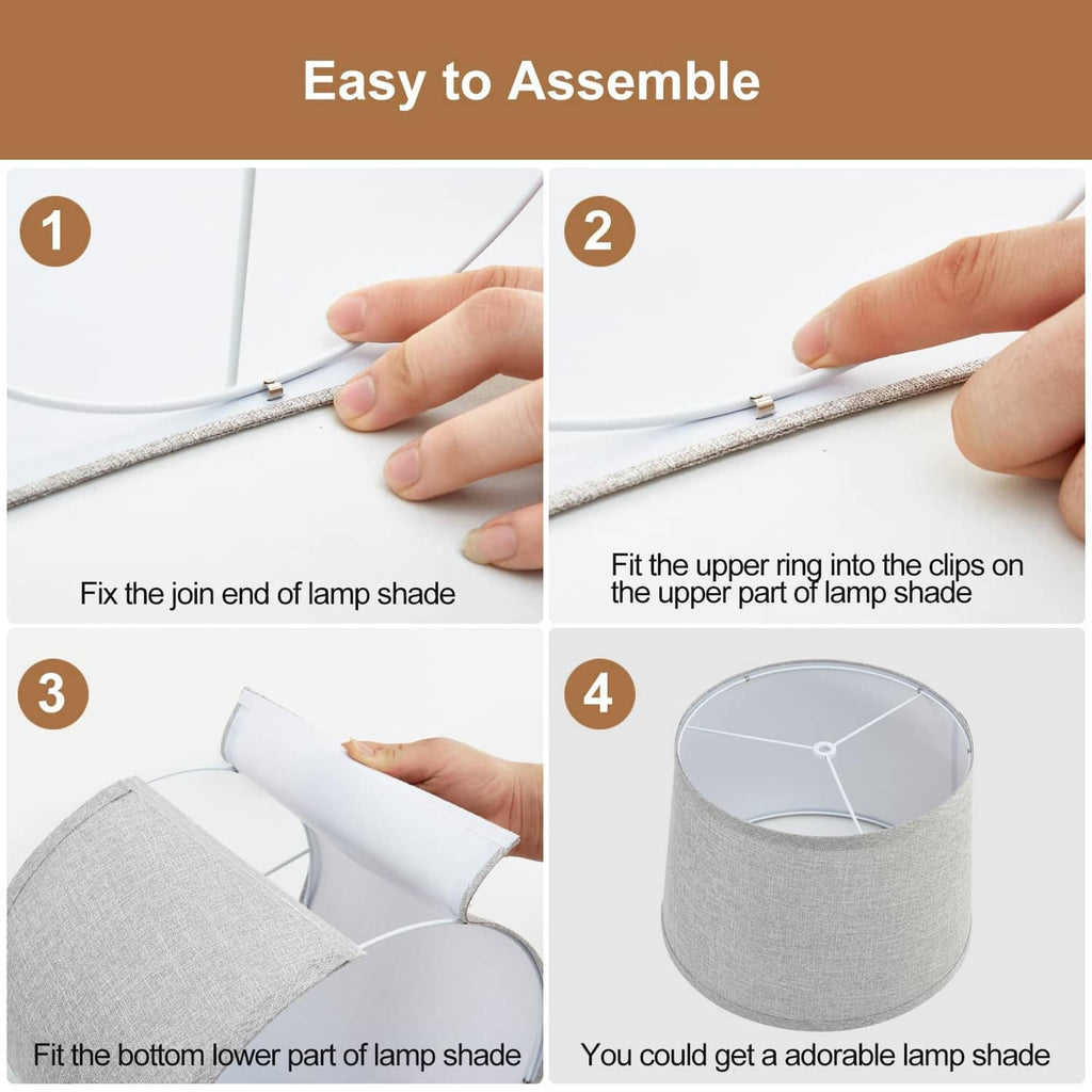 Gray drum lamp shade assembly with top clip ring shown step by step