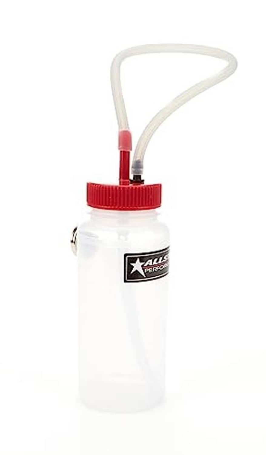 Clear bleeder bottle with red screw cap and curved outlet tube