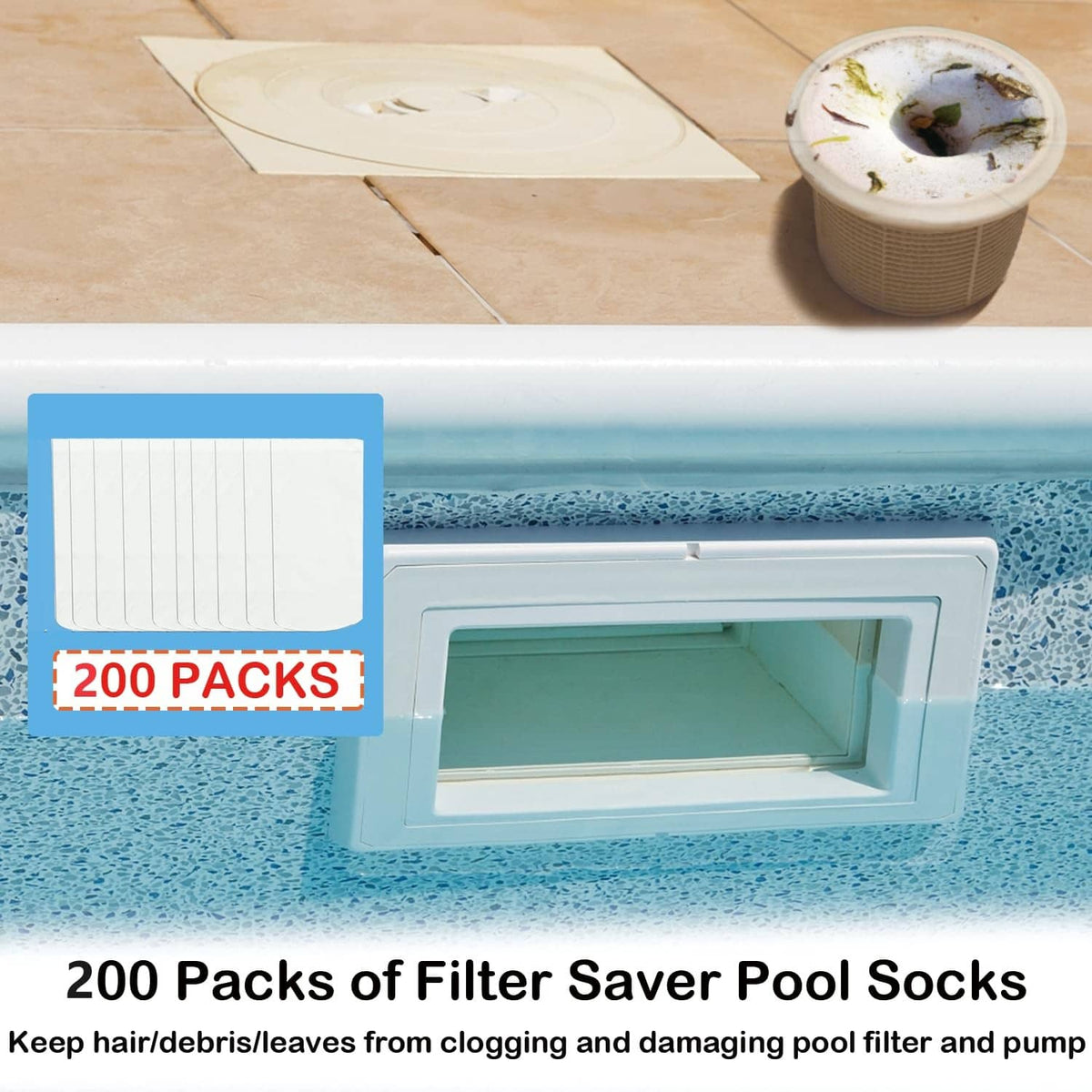 White pool skimmer sock filter bag shown beside pool skimmer opening