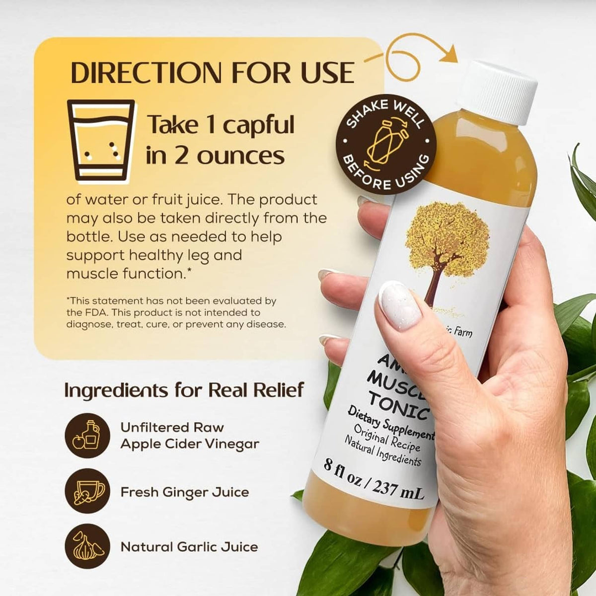 Old Amish Muscle Tonic bottle with direction-for-use graphic and ingredient list