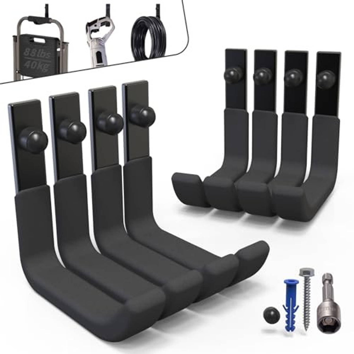Set of black garage storage hooks, 8 pieces, with rounded ends and wall-mount feet