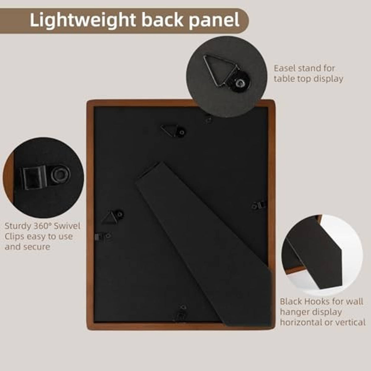 Brown solid wood picture frame with tempered glass back panel and swivel stand
