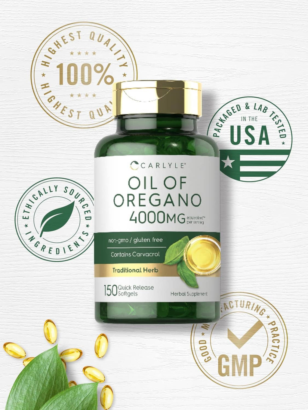 Oil of oregano 4000mg bottle with gold cap and quality badges on front label