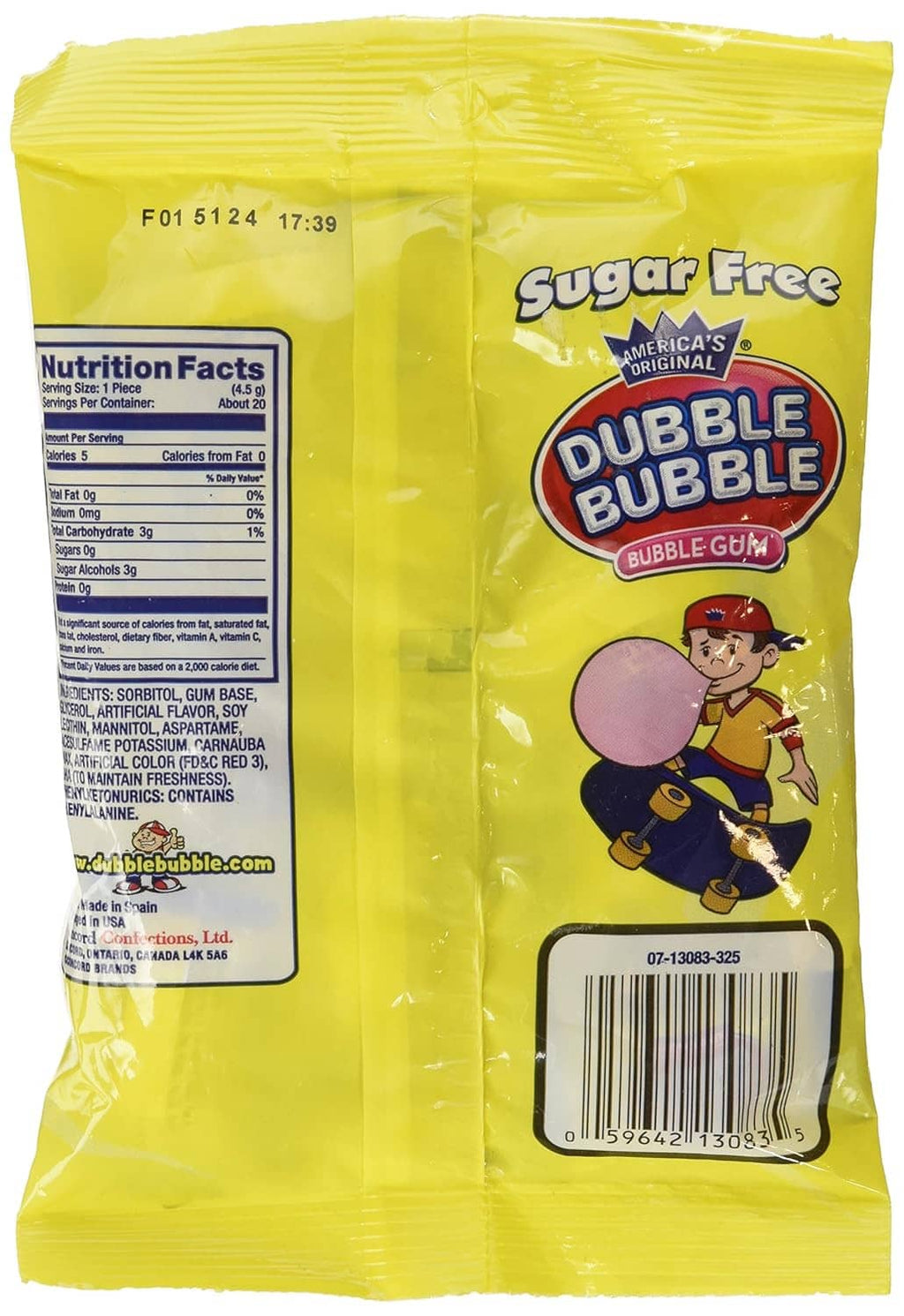 Sugar-free gum pack back with Nutrition Facts panel, label text, and barcode