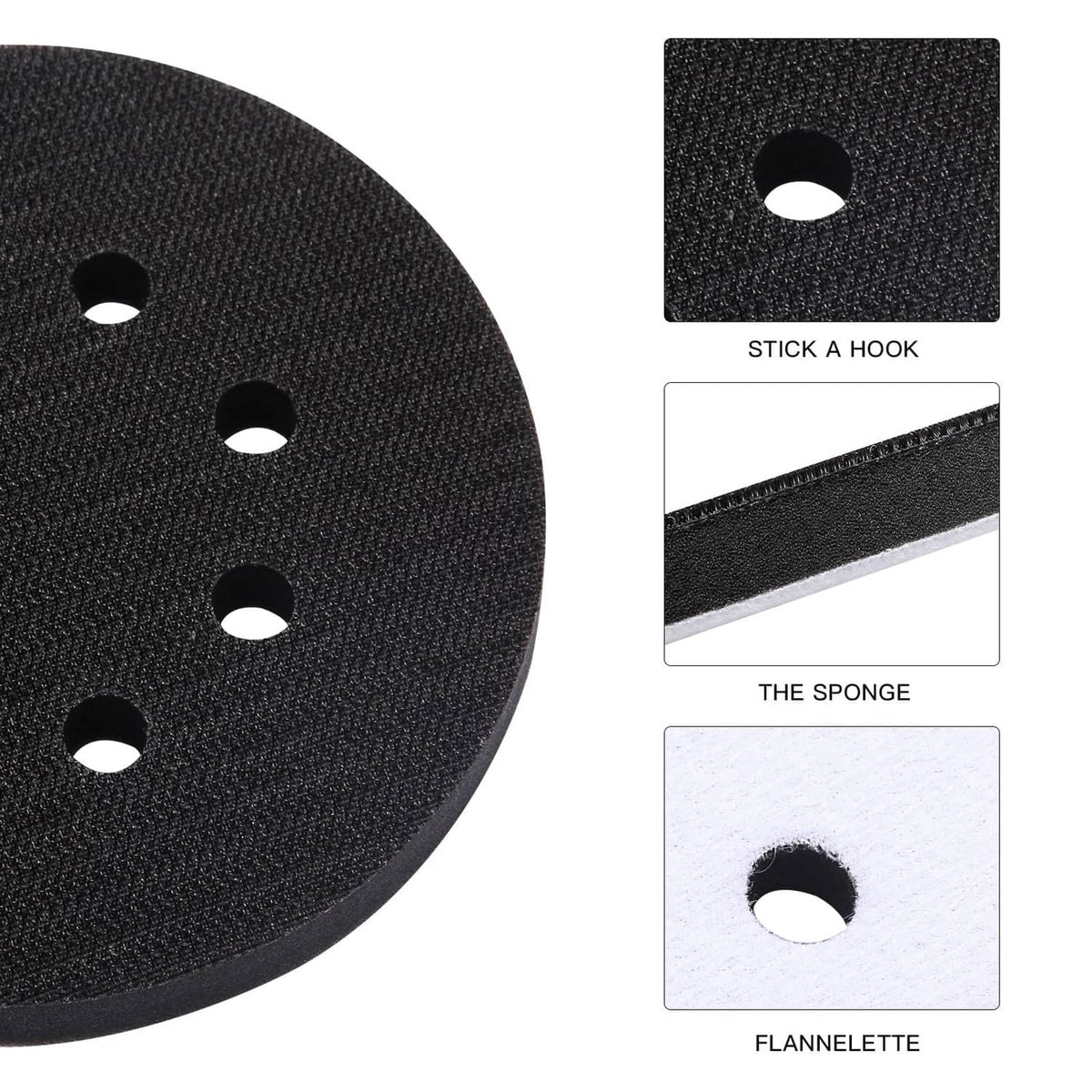 Close-up of black 8-hole interface pad with hook texture and foam backing