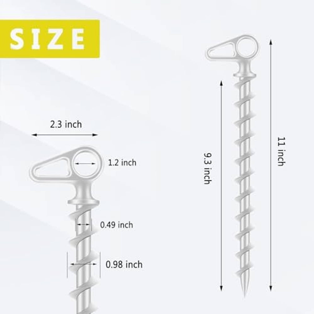 11-inch screw-in ground anchor with loop head and spiral stake dimensions