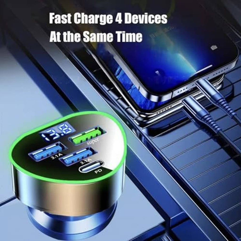 Angled view of car USB C multi-port charger with green LED ring and four ports