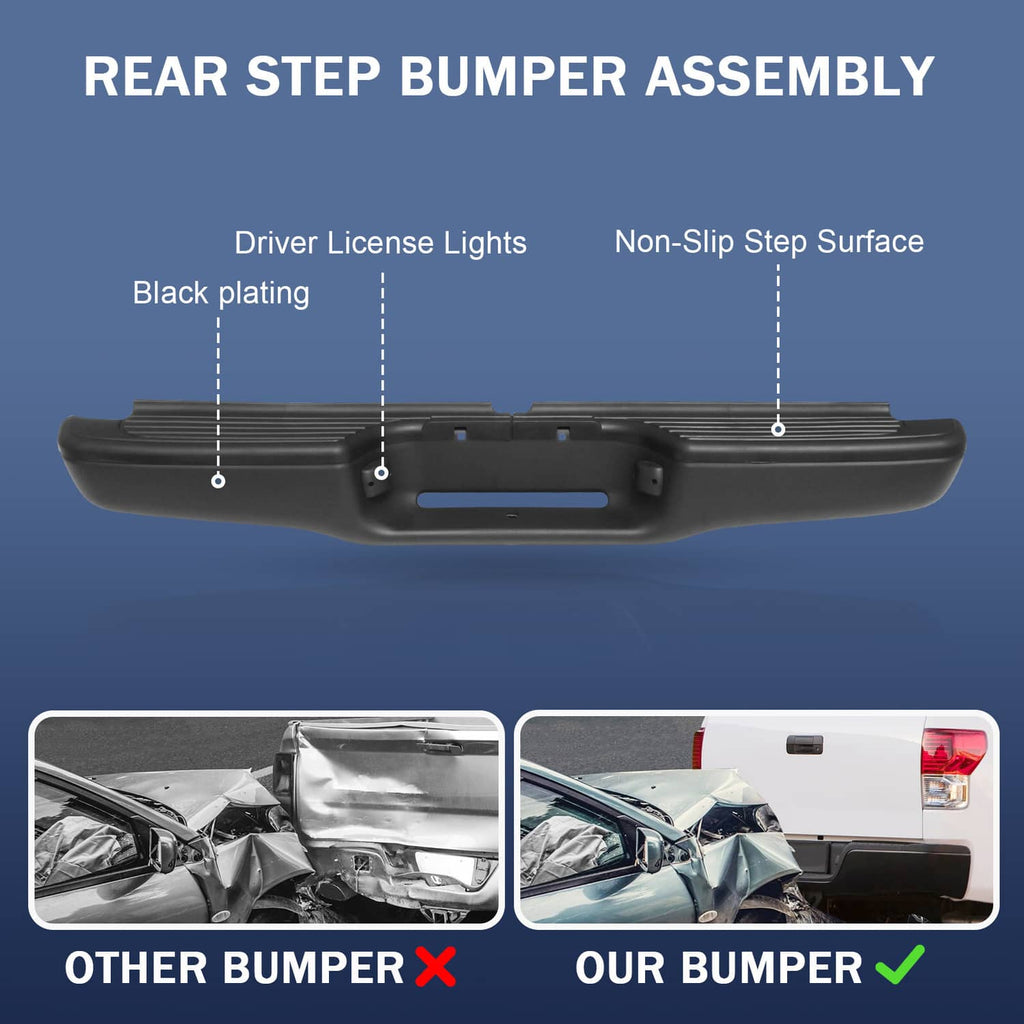Black rear step bumper assembly with built-in step surface and driver-light cutout