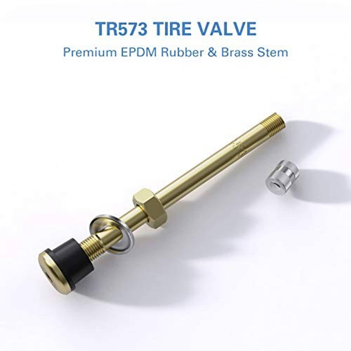 Brass tire valve stem with black rubber grommet and silver threaded cap