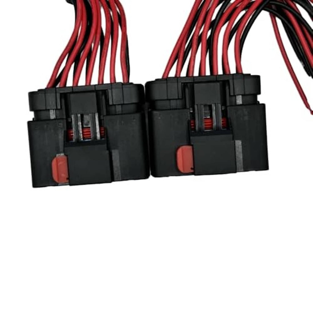 Headlight connector harness pigtails with two black multi-pin blocks and red wire leads