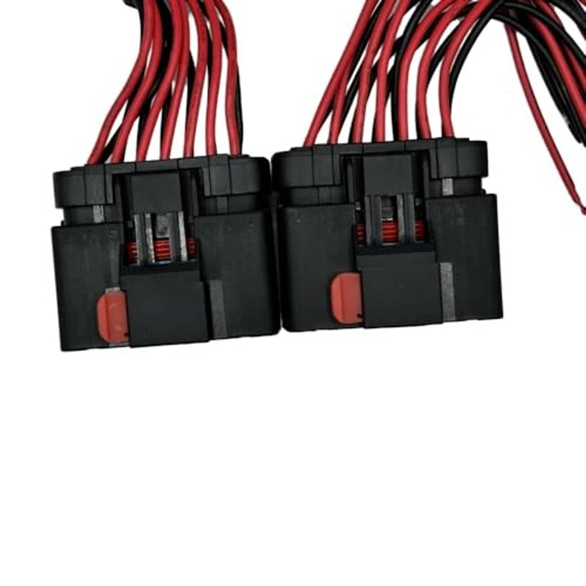 Headlight connector harness pigtails with two black multi-pin blocks and red wire leads