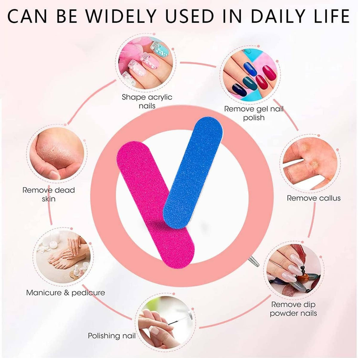 Pink and blue mini emery nail files for manicure and pedicure