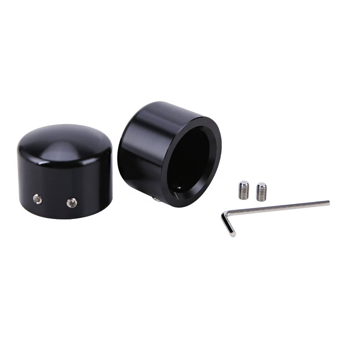 Black front axle cap nut covers, two caps with bolts and hex key