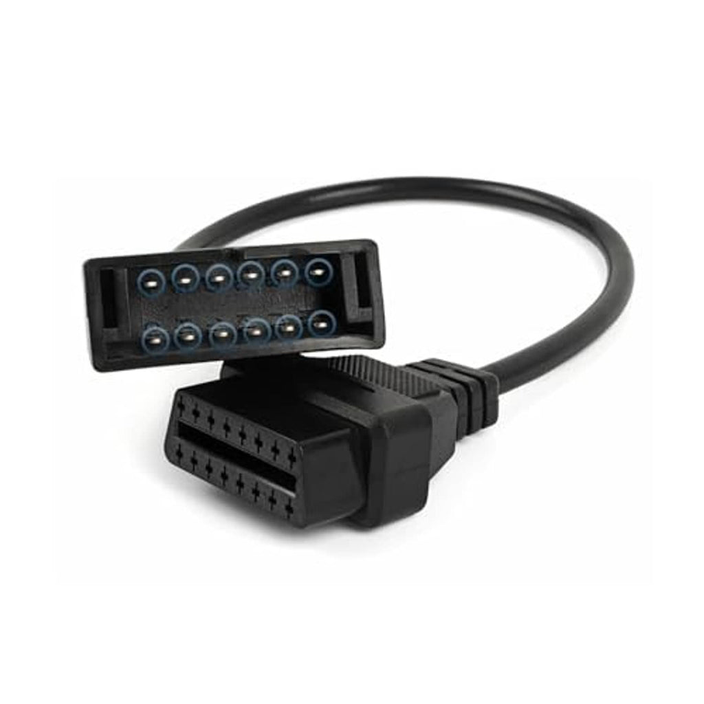 Car diagnostic adapter cable with black 12-pin and 16-pin connectors, angled view