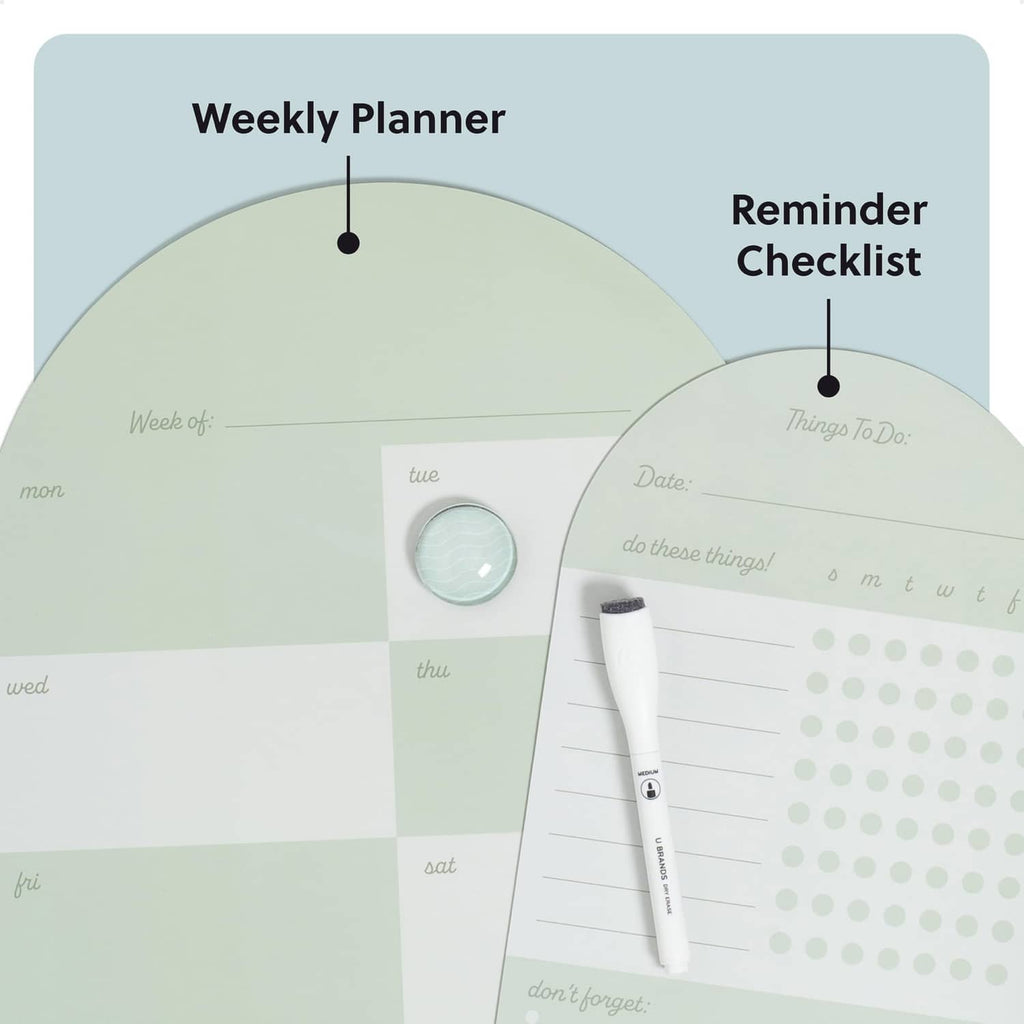 Sage green weekly planner section with weekly dates and reminder checklist diagram