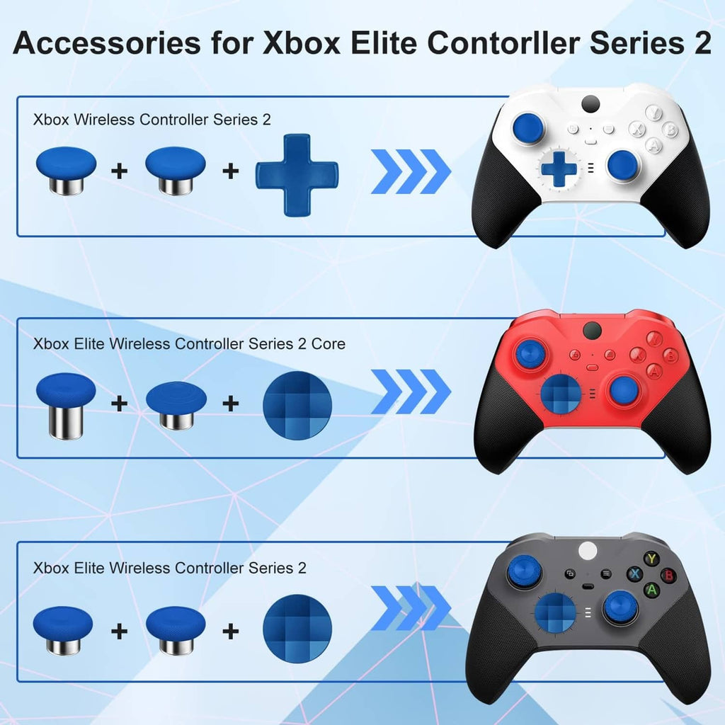 Xbox Elite controller with blue thumbstick replacements and matching accessory parts