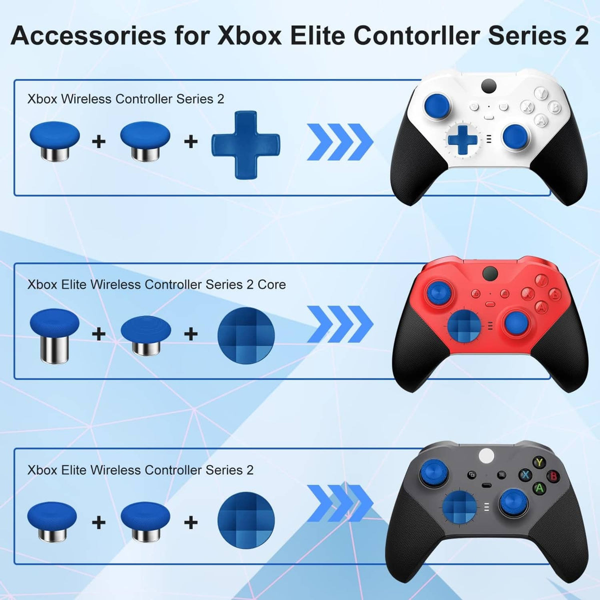 Xbox Elite controller with blue thumbstick replacements and matching accessory parts