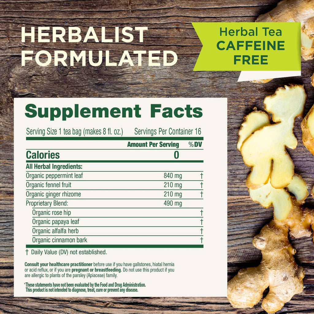 Herbal tea supplement facts panel for caffeine-free herbal ingredients and serving details
