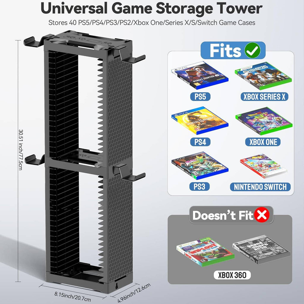 Black universal game storage tower stand with open shelves for disc cases