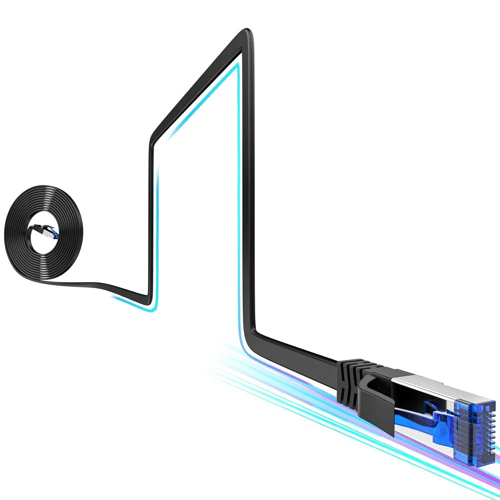 Cat8 flat Ethernet cable with two RJ45 connectors on a loop, slim black profile