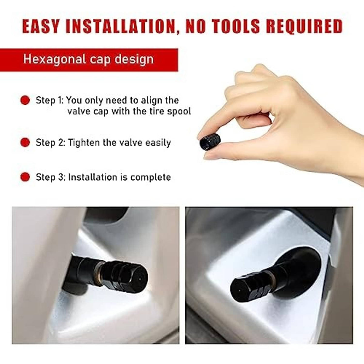 Black hexagonal valve cap being installed on wheel tire valve stem