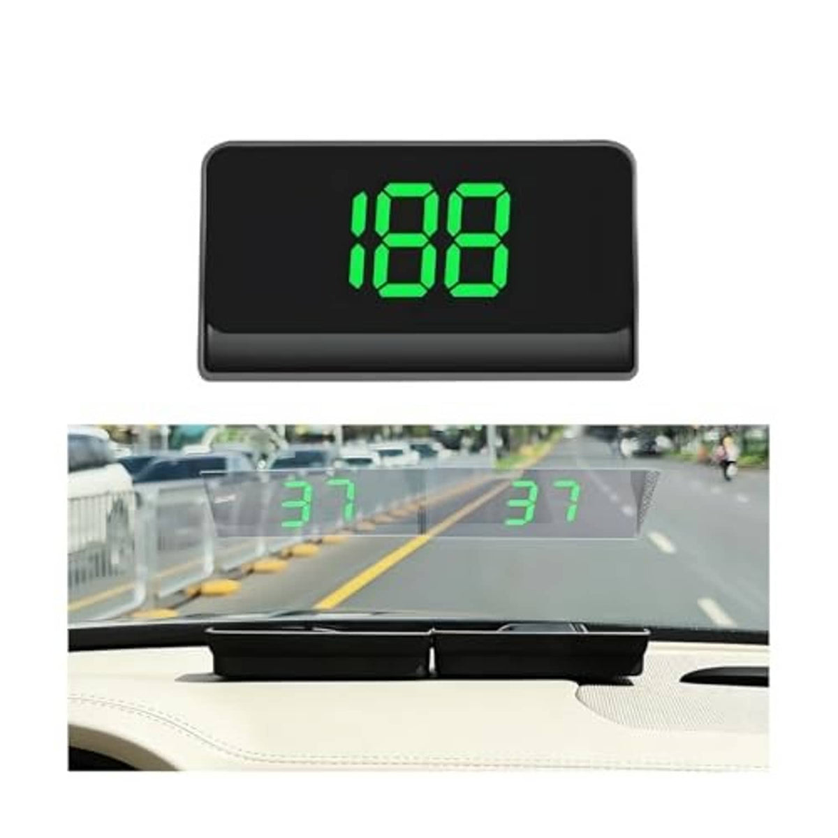 Car head-up display speedometer with green “188” digits on front panel