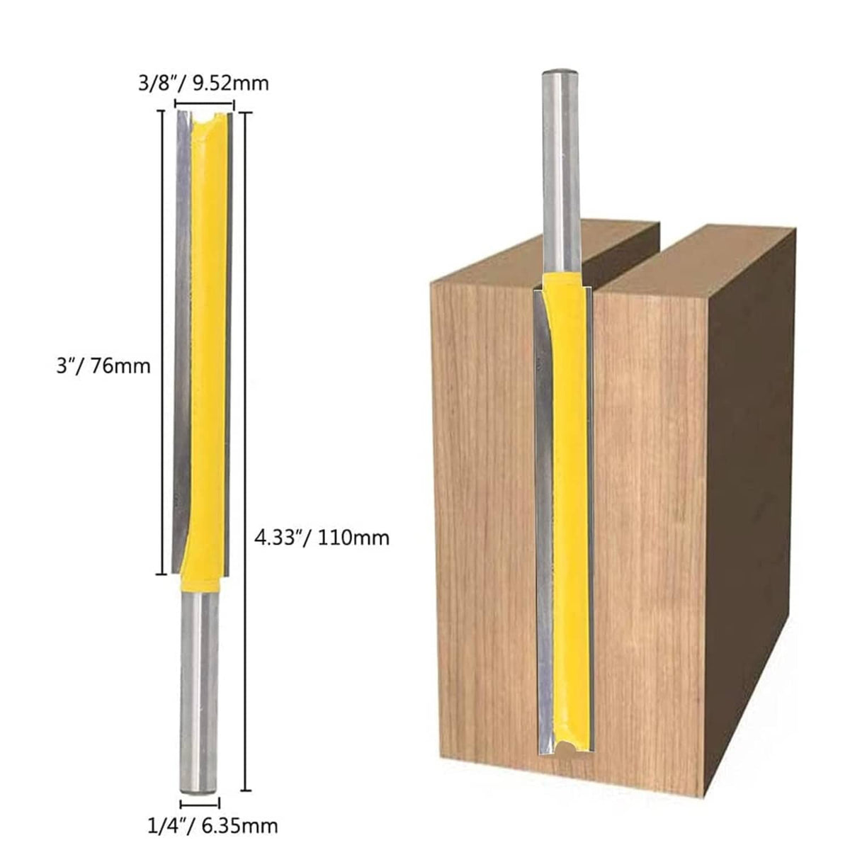 Long straight router bit with yellow double-flute cutter and silver metal shank