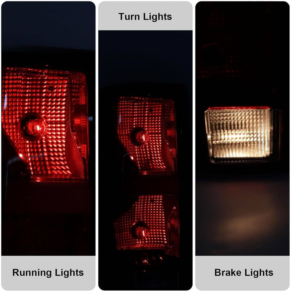 Close-up of red halogen tail light with lit running, turn, and brake sections