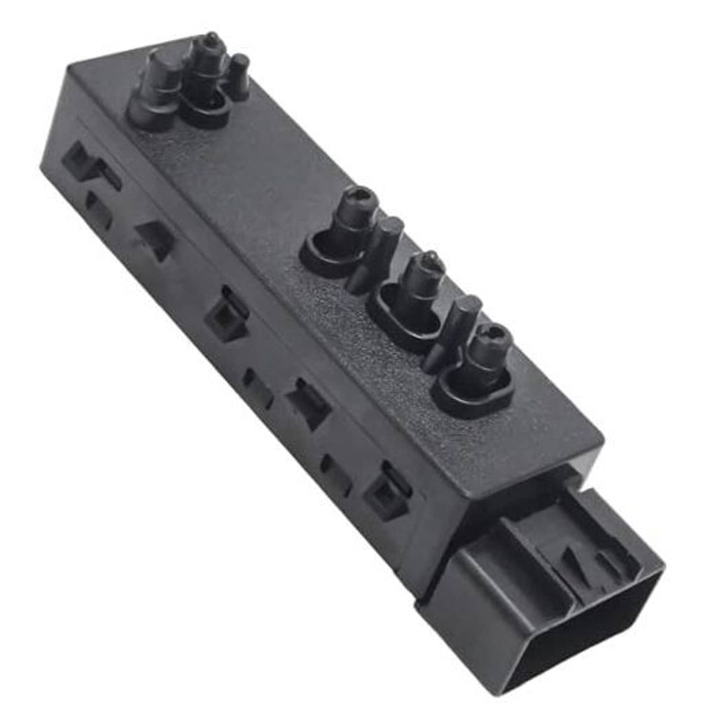 Power seat switch control module with multiple black button knobs and connector pins