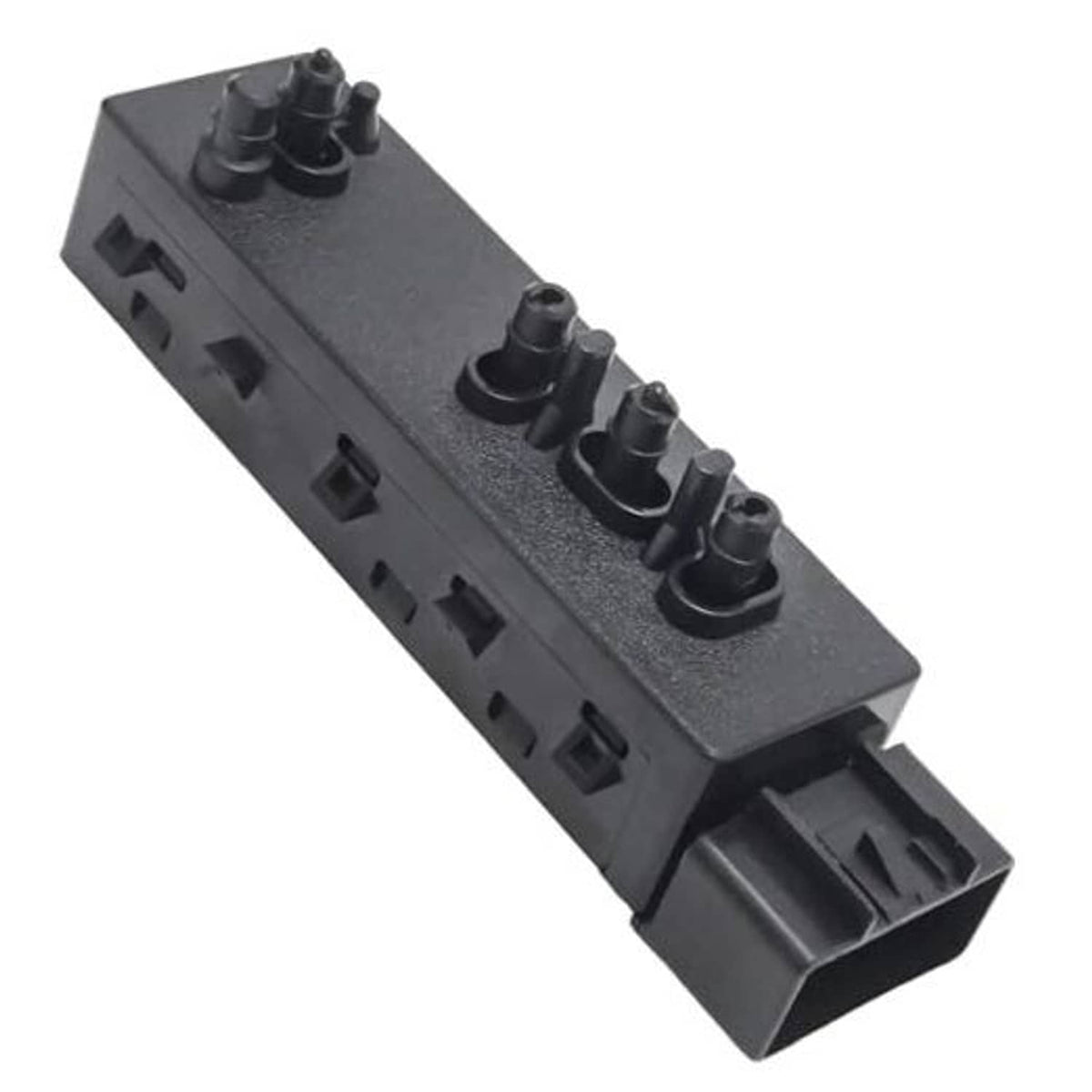 Power seat switch control module with multiple black button knobs and connector pins