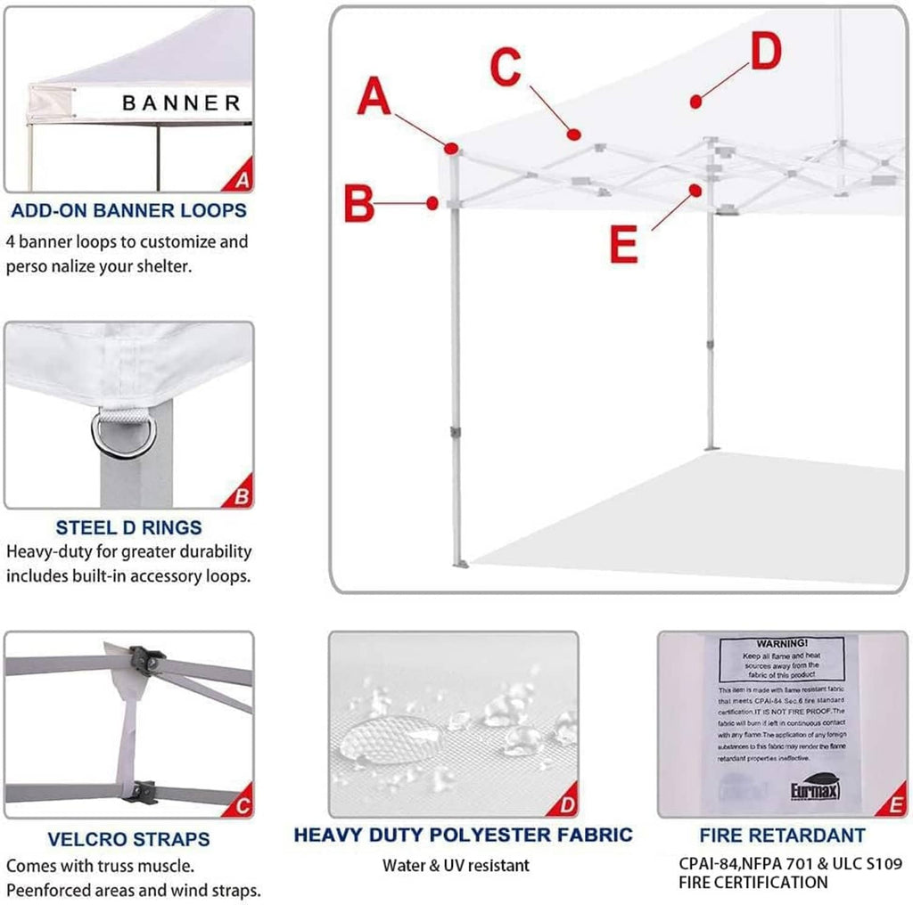 Canopy top feature diagram with labeled parts, straps, and fire-retardant fabric