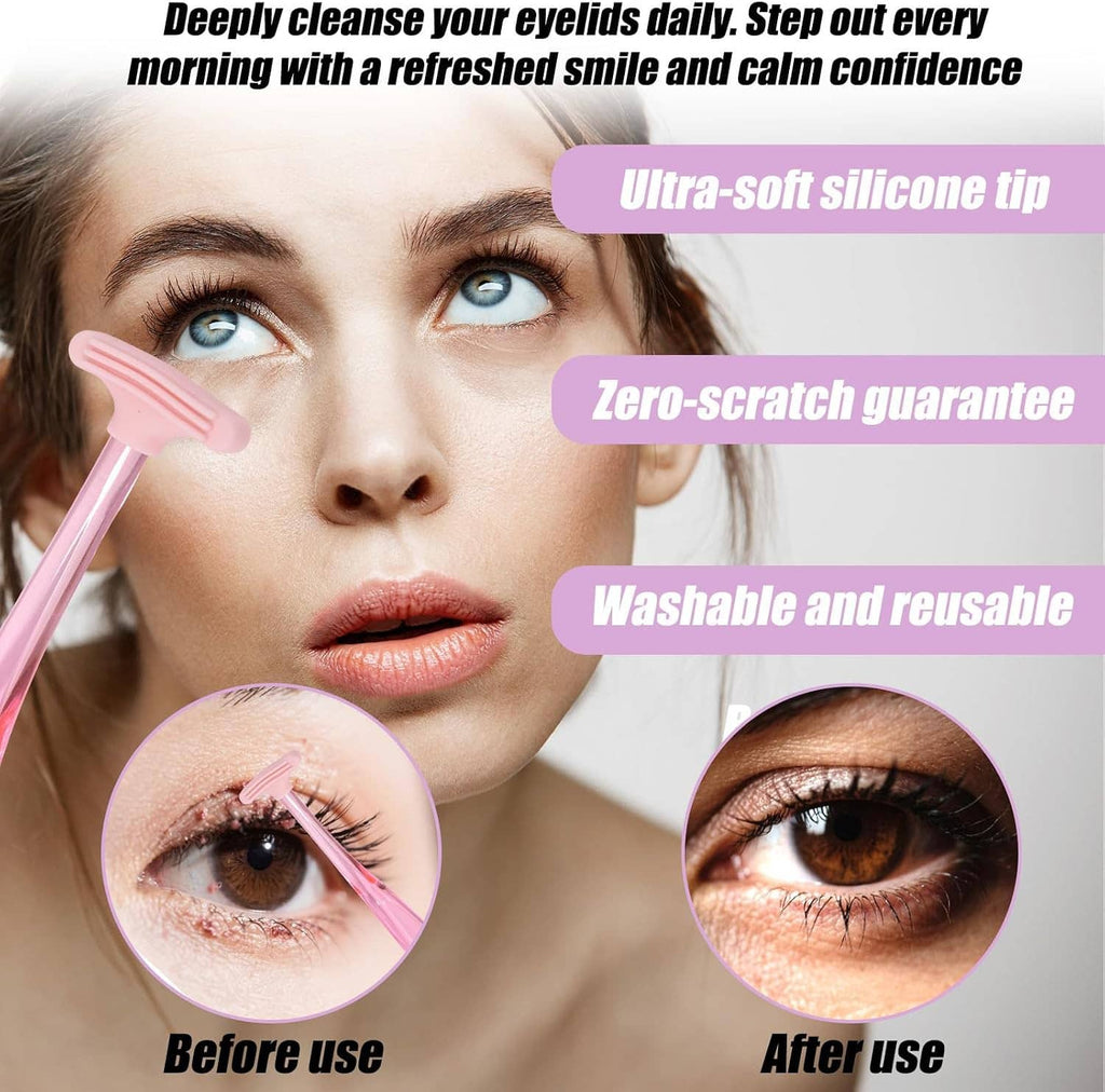 Pink silicone eyelid brush applying to the lash line, with close-up inset