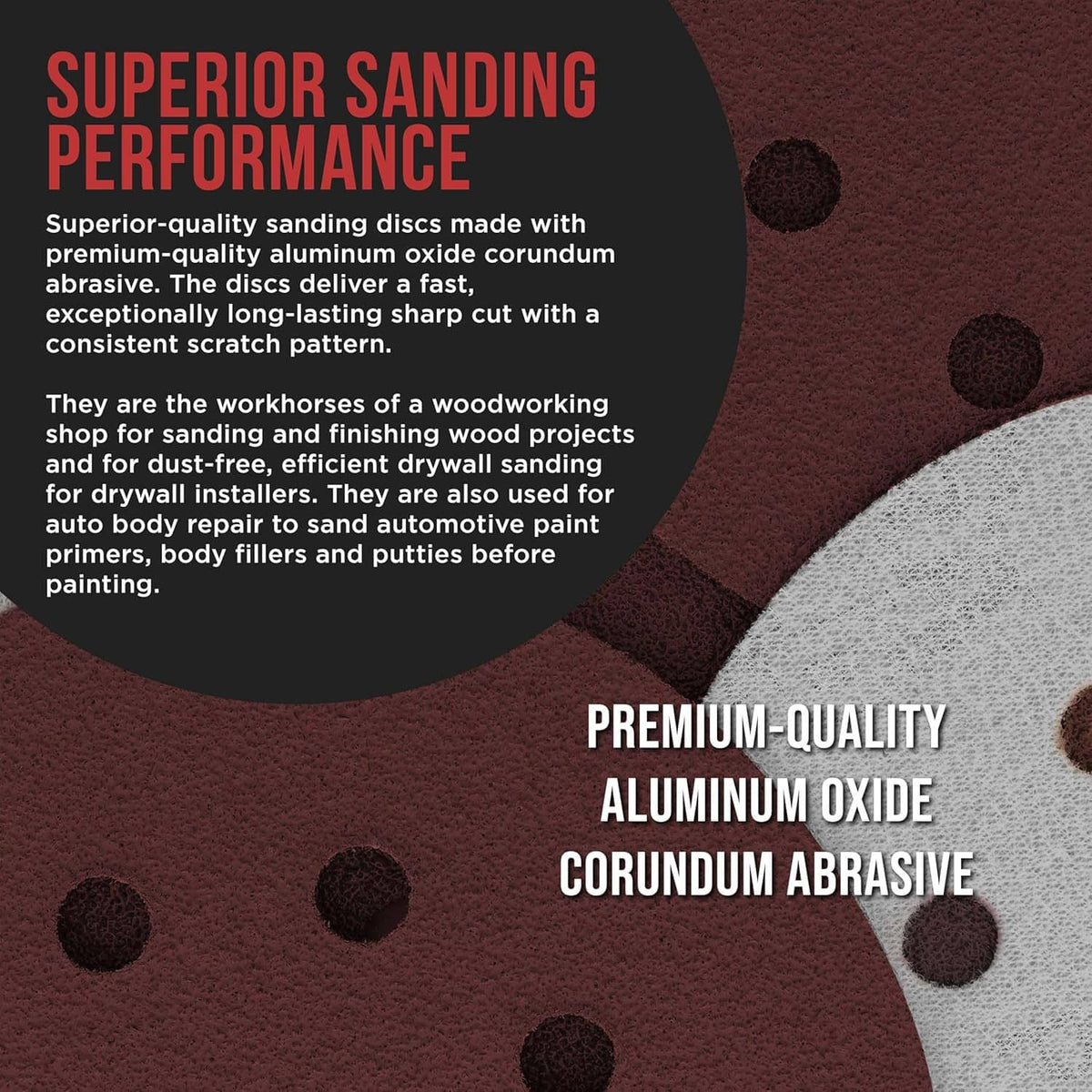 Red 8-hole sanding disc with textured surface and circular pattern for abrasion
