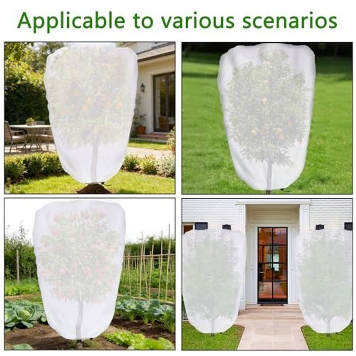 Garden plant shade cover set shown on plants in outdoor spaces, white mesh with drawstring