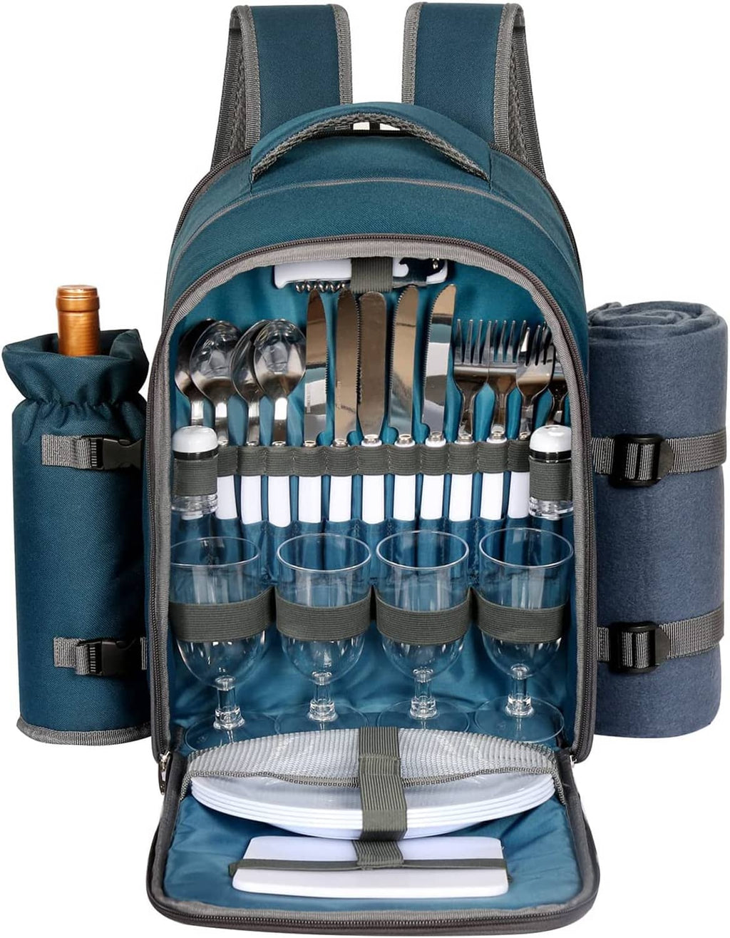 Teal picnic backpack open, featuring detachable side pouches and wine glass storage